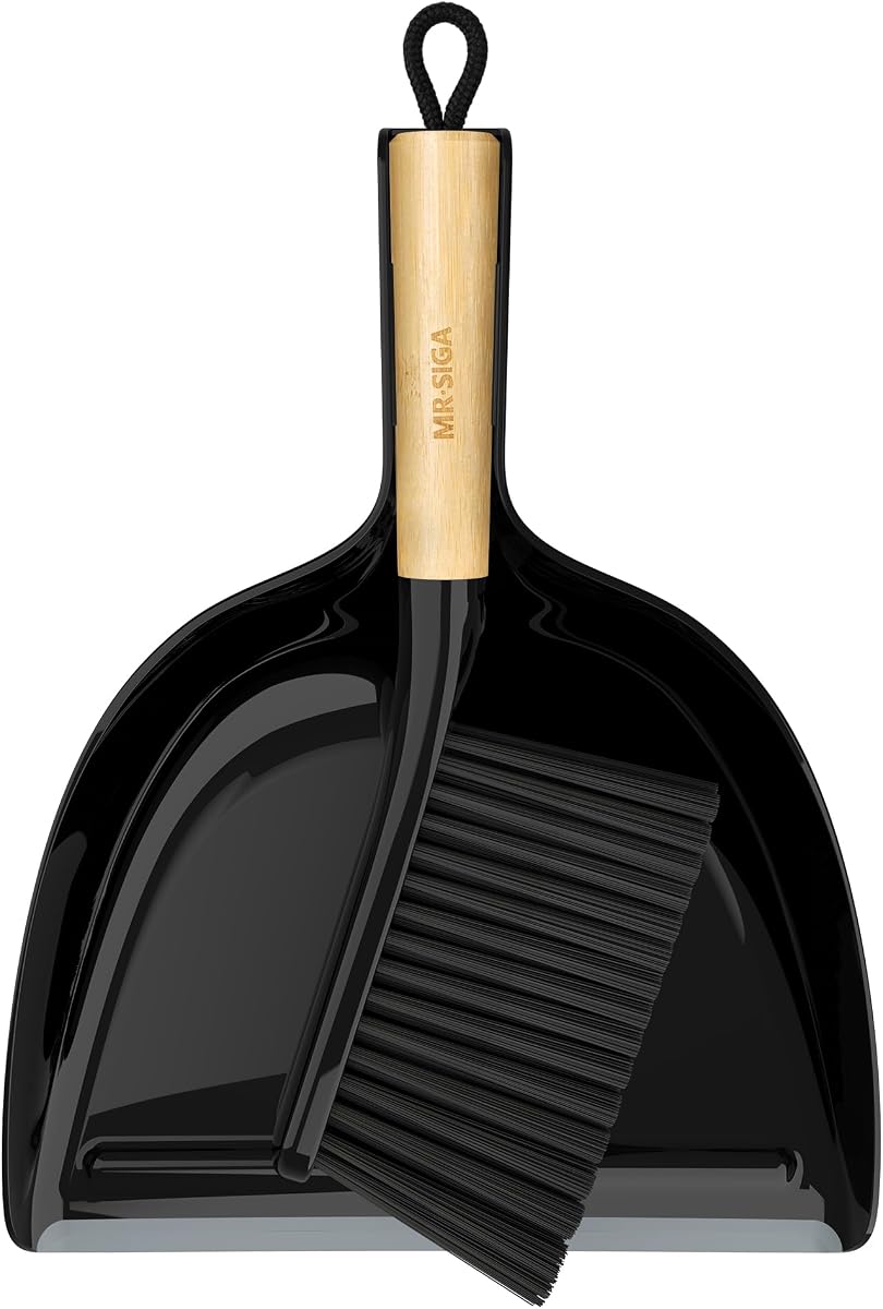 MR.SIGA Juego de recogedor y cepillo, mango de bambú, negro, 1 juego | Combinación de cepillo y recogedor de mano con lazo para colgar, escoba pequeña y recogedor