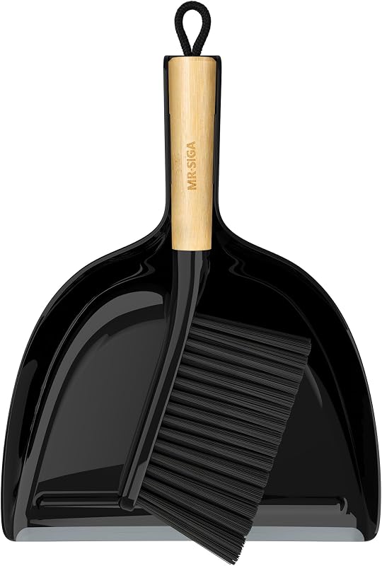 MR.SIGA Juego de recogedor y cepillo, mango de bambú, negro, 1 juego | Combinación de cepillo y recogedor de mano con lazo para colgar, escoba pequeña y recogedor