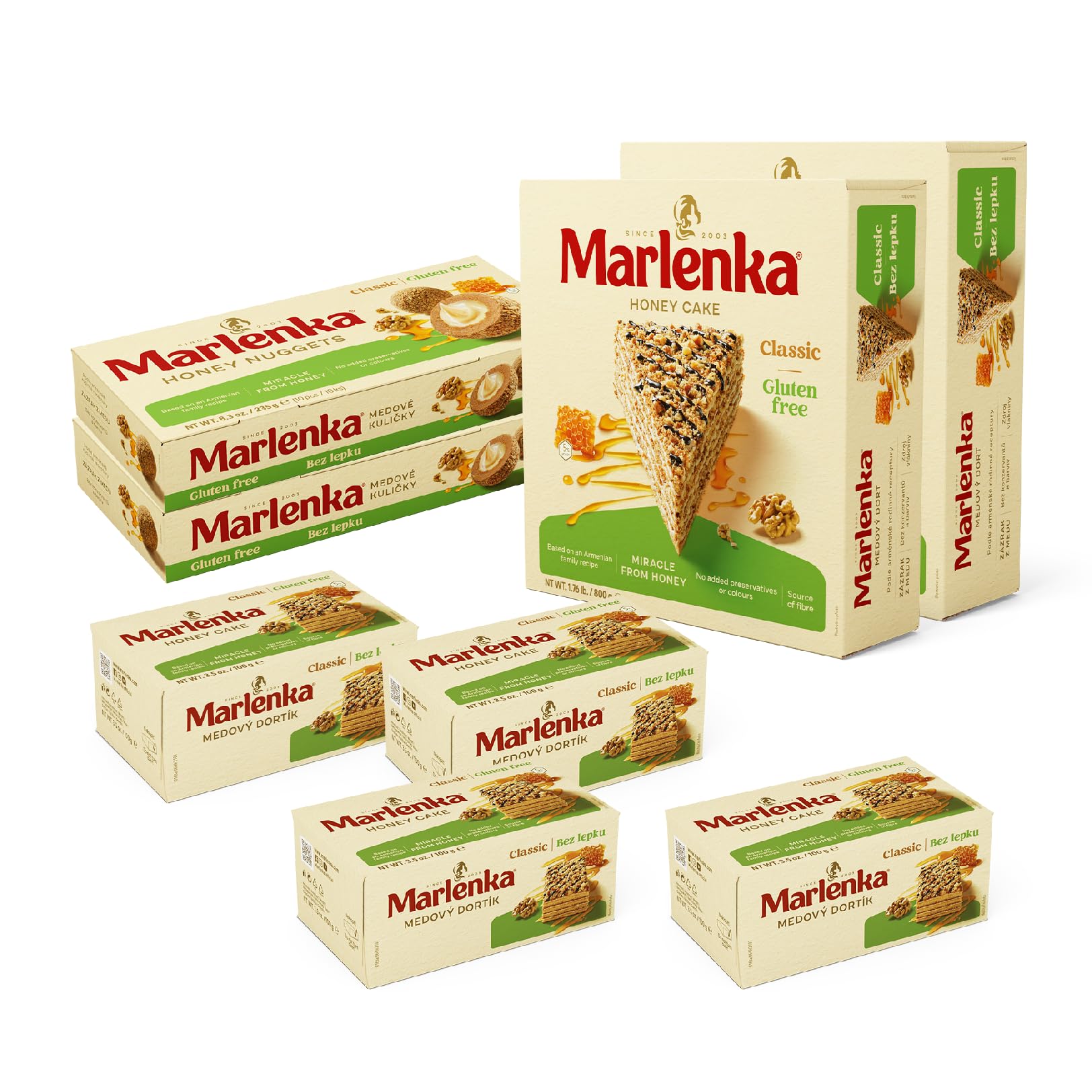 MARLENKA® Glutenfreier Mix-Produkt | 2 x Glutenfreier Honigkuchen mit Walnüssen (2 x 800 g), 2 x Glutenfreie Honigkugeln (2 x 235 g), 4 x Glutenfreies Honigtörtchen mit Walnüssen (4 x 100 g)