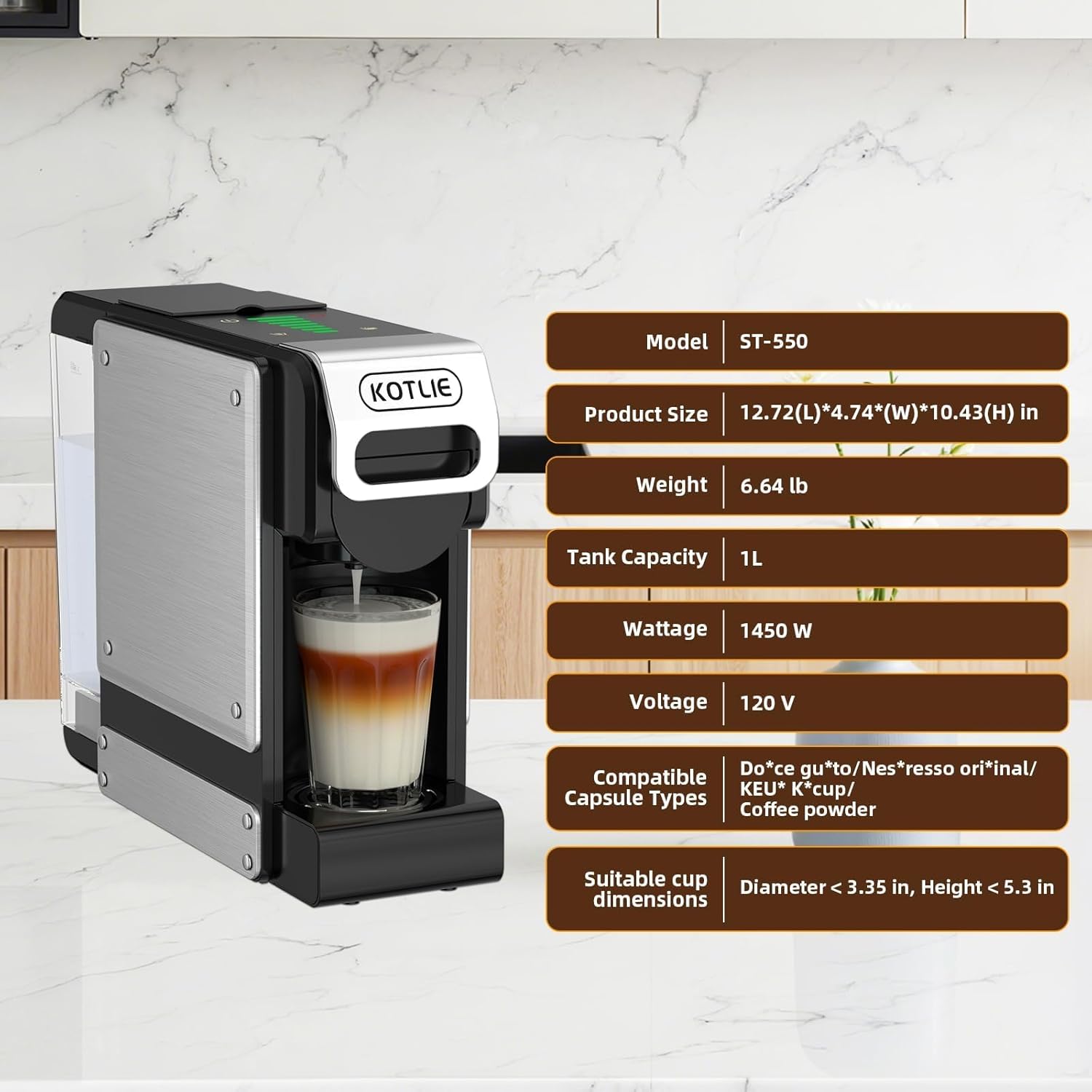 KOTLIE Update 4-in-1 Capsules & Grounds Single-Serve Coffee Maker,Compatible with K*cup/Nes* Original/Dol*e Gusto/Grounds,19 Bar (Black)