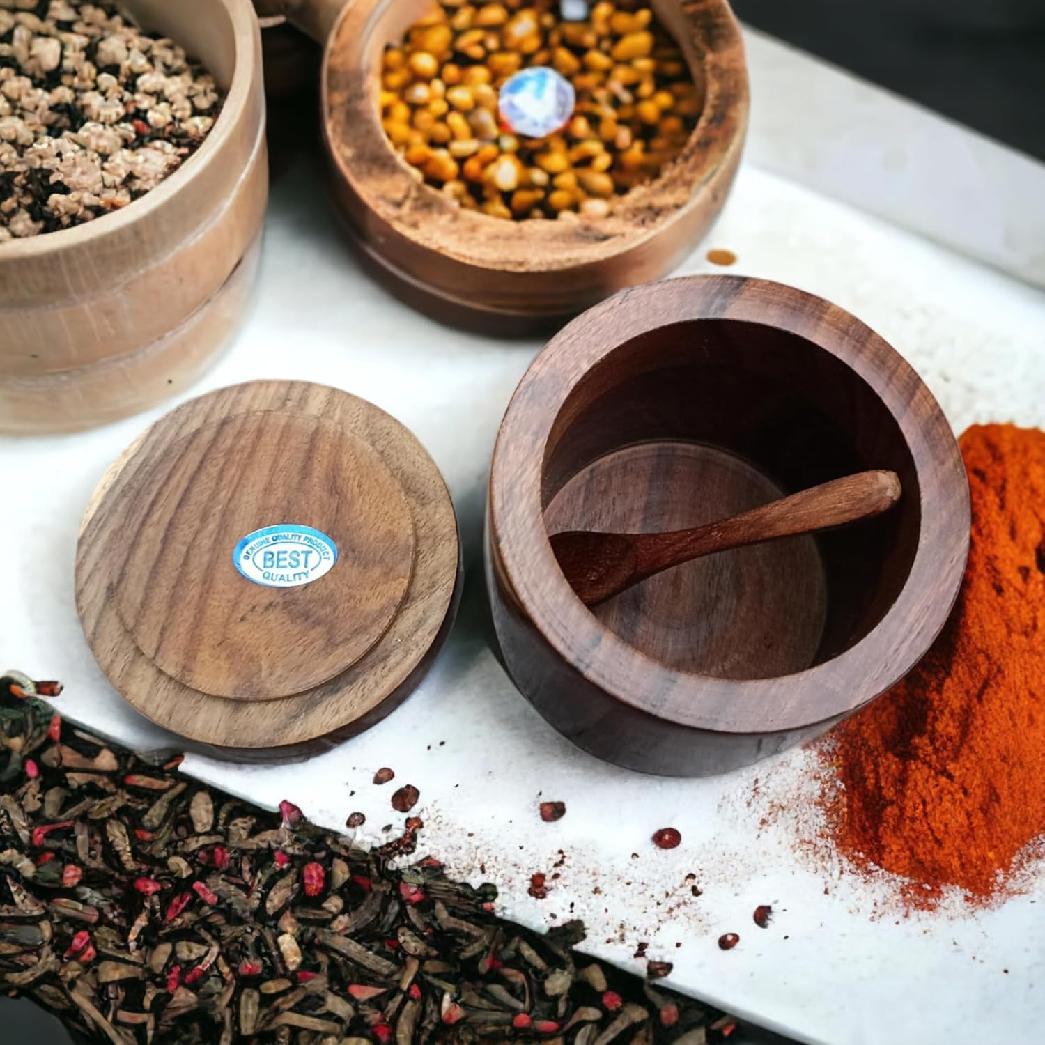 Crafts Collection Store Wooden Salt Box with Lid and Spoon, Brown, Sheesham Wood, Round, 400 ML