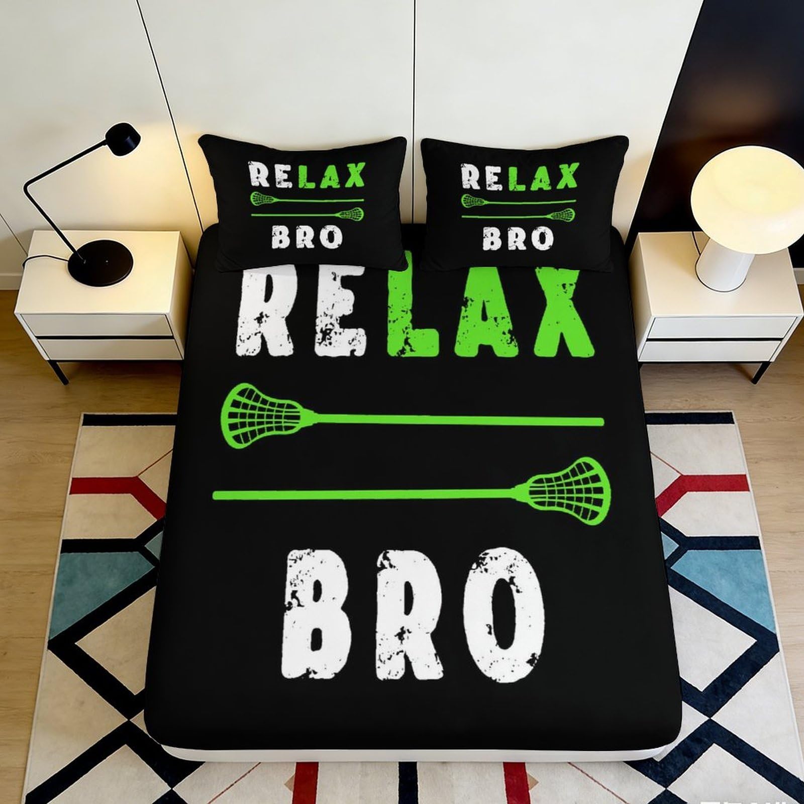 3D Printed Relax Bro Black Fitted Sheet Microfiber Soft Breathable Lacrosse Stick Bed Cover for Bedroom Dormitory Guest Room Mattress Protection 90x200x25cm