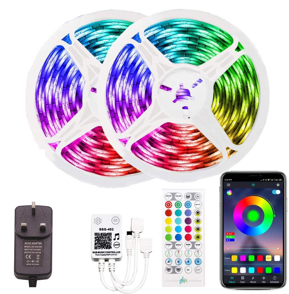YUNBO DC 12V 10M LED Strip Lights Bluetooth APP Control Music Sync RGB Color Change SMD5050 LED Tape Lights with IR Remote and Power Supply for Bedroom Kitchen Indoor Decoration Lighting