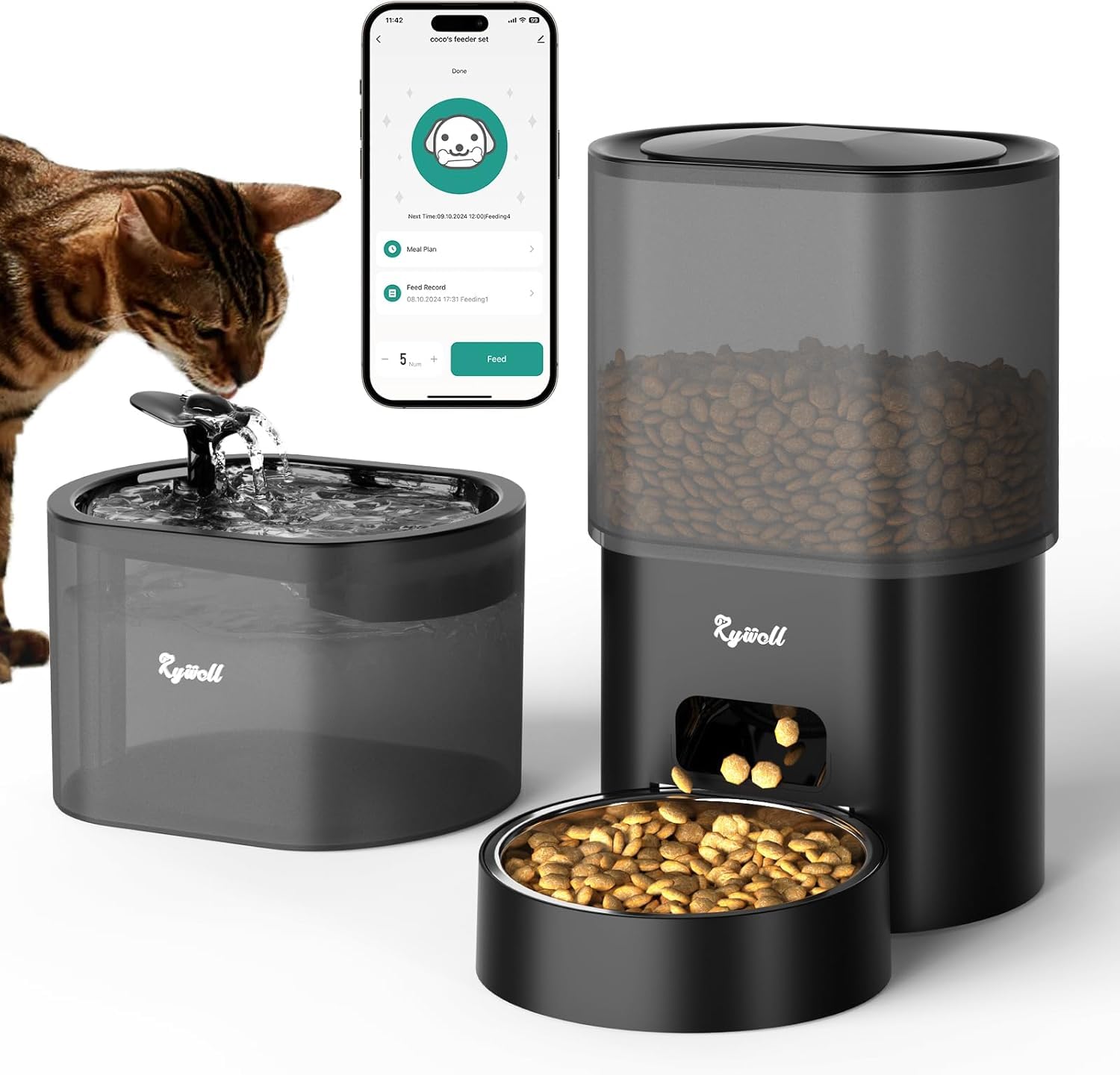 Rywell Comedero Automatico Gatos y Dispensador de Agua para Perro, Alimentador Automático con Temporizador de 3L y Regadera Automática de Silencioso para Mascotas de 85oz/2.5L con Control por App