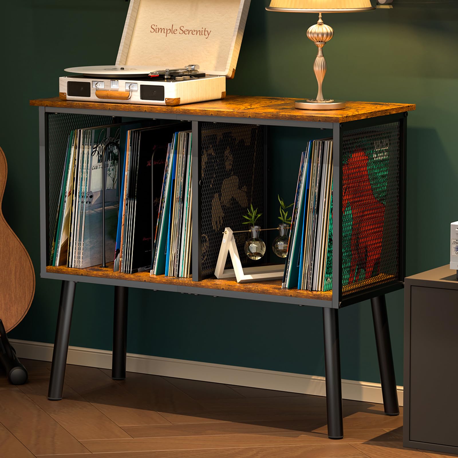 Photo 1 of Record Player Stand with Adjustable Divider Vinyl Storage Holder Up to 200 Albums Mid-Century Large Record Player Table Vinyl Holder Turntable Stand End Table for Bedroom & Living Room, Patent Pending