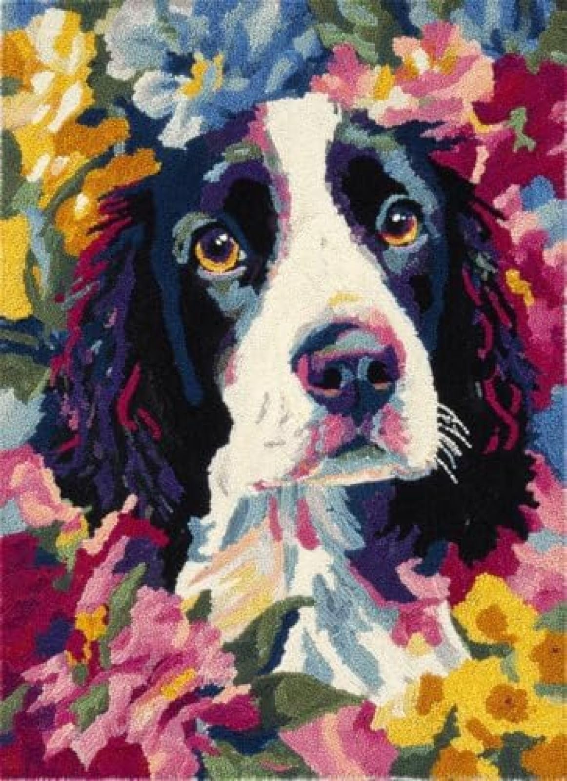XDEGHUANGSS Latch Hook Rug Kit English Springer Spaniel Portrait in Flowers with Pre-Printed Mat Cover DIY Cushion Crochet Yarn Hooking Craft Set for Floor Decor 38x52cm-3