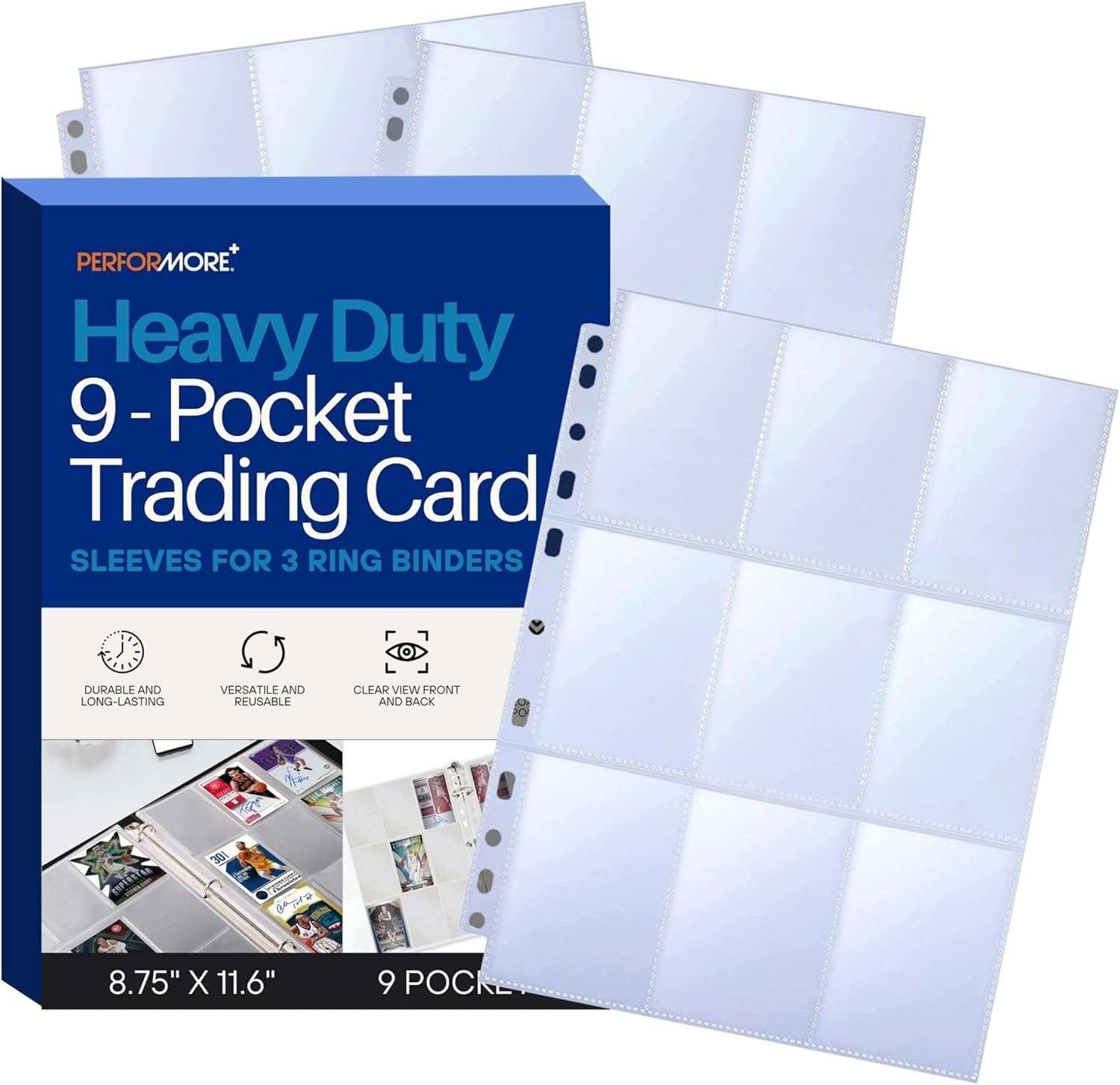 PERFORMORE 9-Pocket Trading Card Binder Sleeves for 3 Ring Binders | Yugioh, Baseball, Pokemon, Sports Card Page Protector Sheets | Plastic Top Loader Pages (25 Pack)