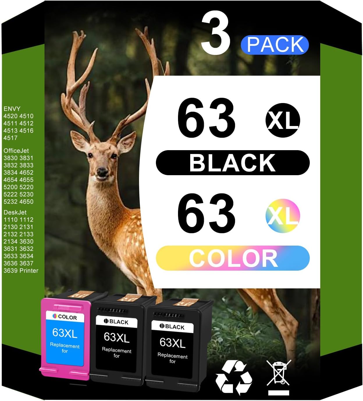 63XL Black and Color Combo Pack Replacement for HP Ink 63 Ink Cartridges for HP Officejet 3830 4650 5255 5258 5200 4652 4655 Envy 4520 4512 DeskJet 2130 2132 Printer (2 Black+1 Color)