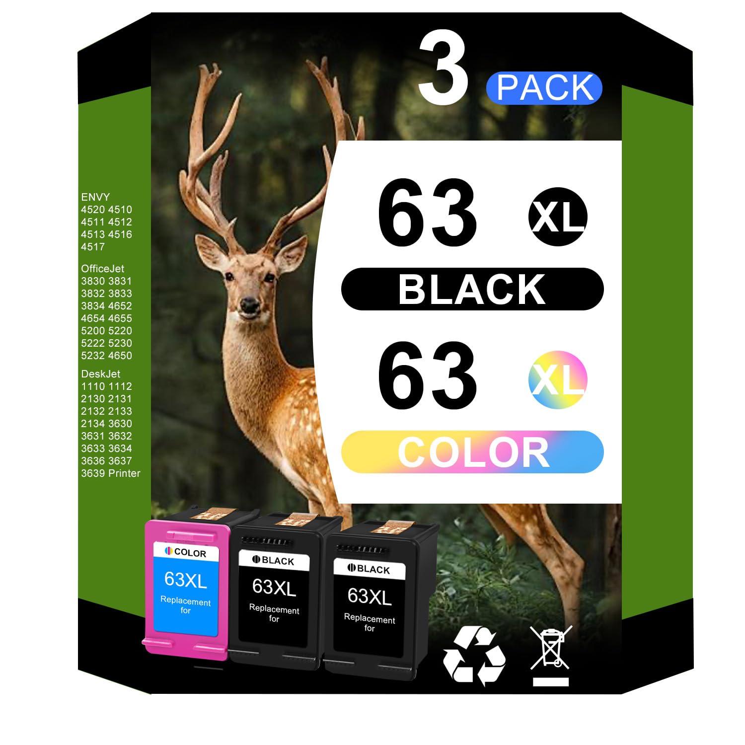 2-Pack HP 63XL Compatible Ink Cartridges - High Yield Black Ink For OfficeJet, Envy, DeskJet Printers