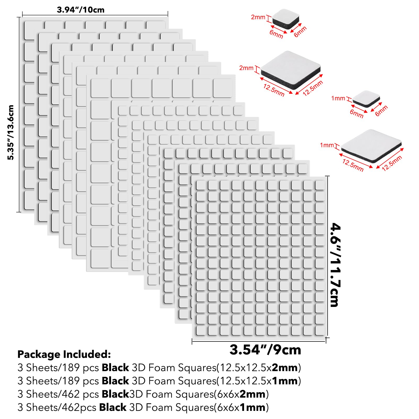 Briartw 12 Sheet/Pack,3D Double Sided Adhesive Foam Squares for Cards Making,Black Permanent Sticky Dimensional Adhesives to Create Depth,1mm and 2mm Thickness-Mini and Large Squares