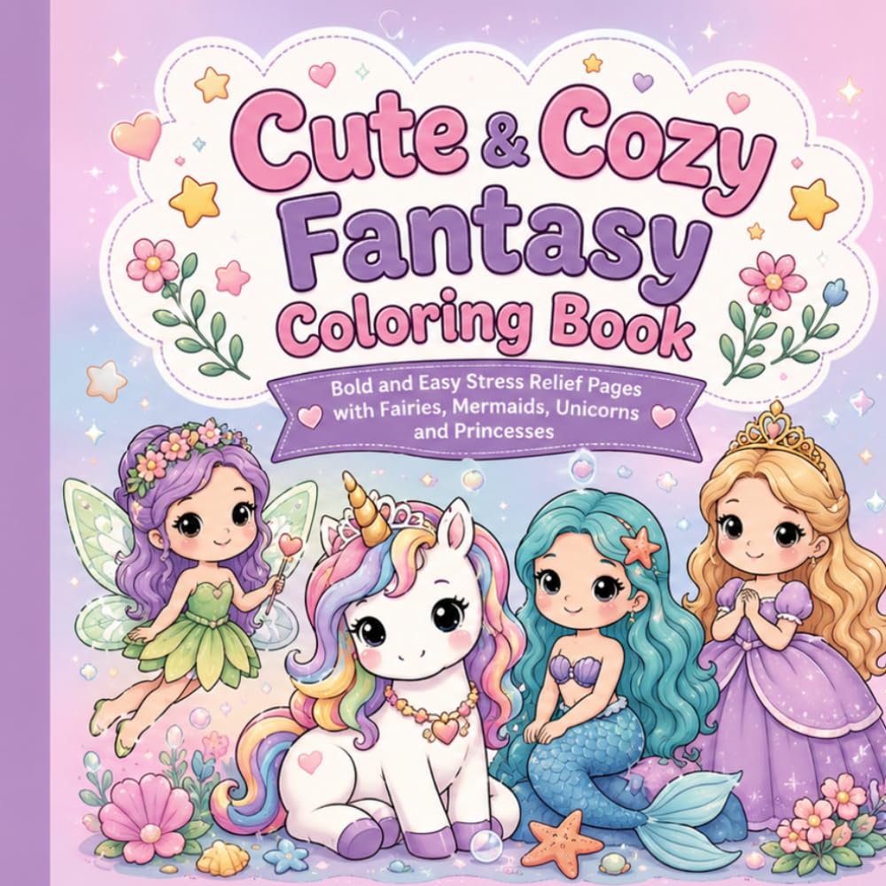Cute & Cozy Fantasy Coloring Book: Bold and Easy Stress Relief Pages with Fairies, Mermaids, Unicorns and Princesses