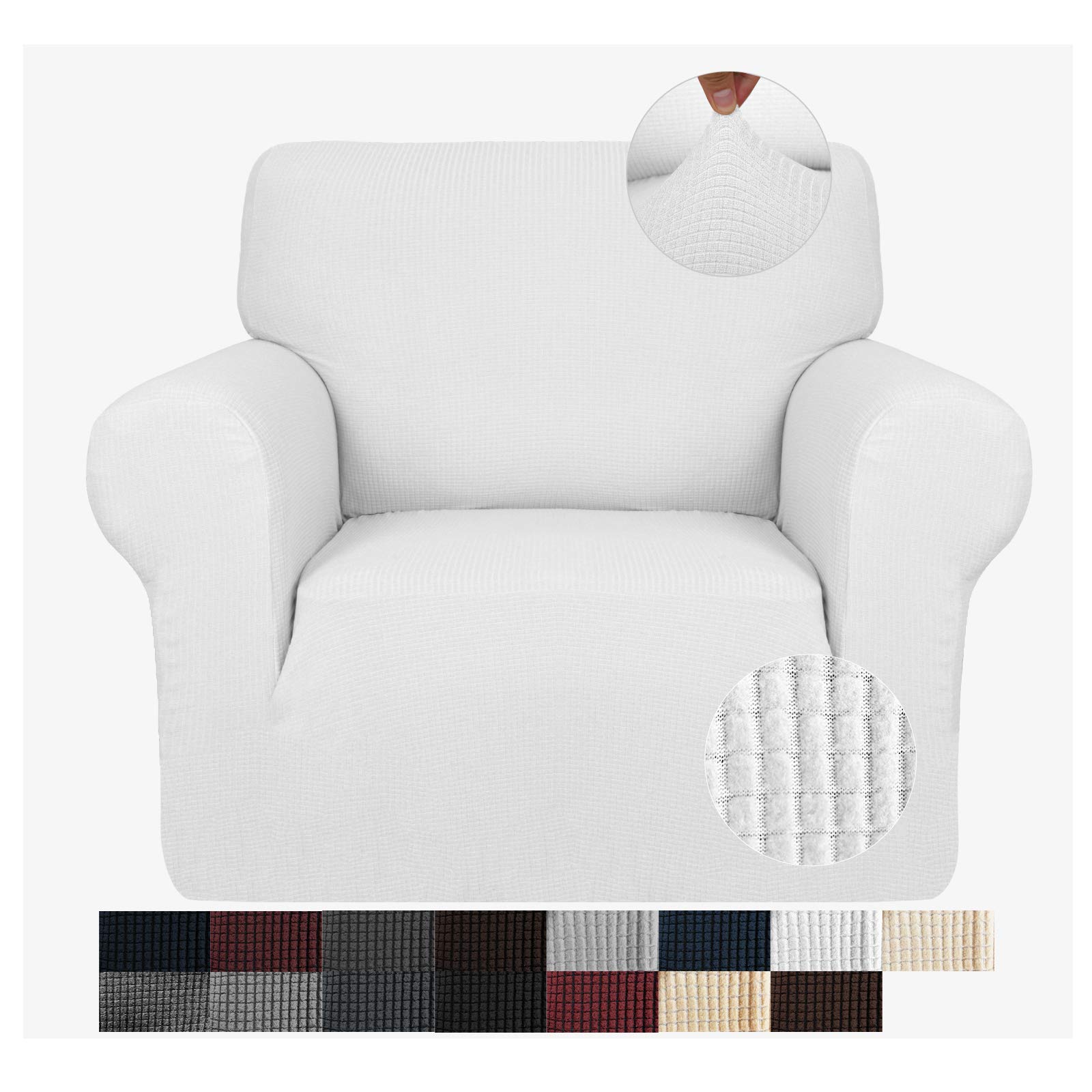 JIVINER Super Stretch Chair Slipcovers with Arms 1-Piece Jacquard Small Checks Living Room Armchair Covers Soft Anti Slip Sofa Couch Furniture Protector for Kids Pets (Chair, White)