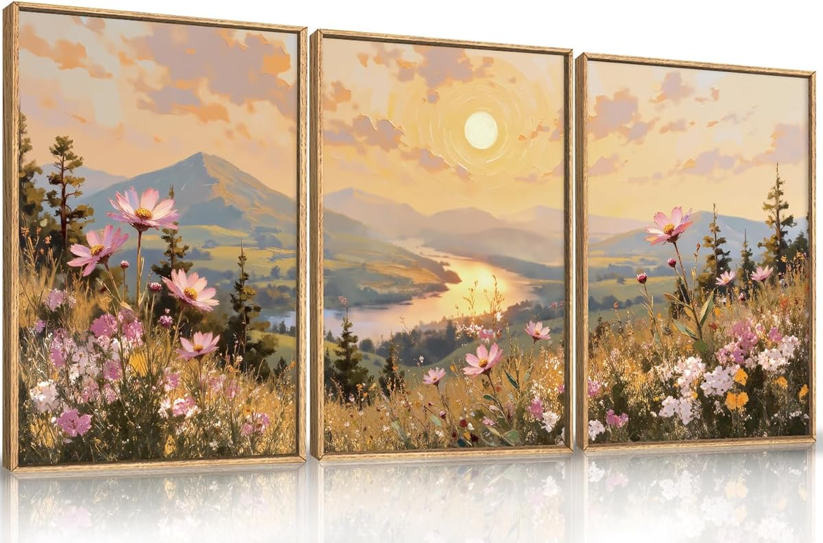 LHIUEM Large Boho Sunset Wildflower Framed Canvas Wall Art,Nature Pink Flower Wall Decor,Blossom Botanical Mountain Landscape Artwork for Living Room,Bedroom,Dining Room,Office -24"x36"x3