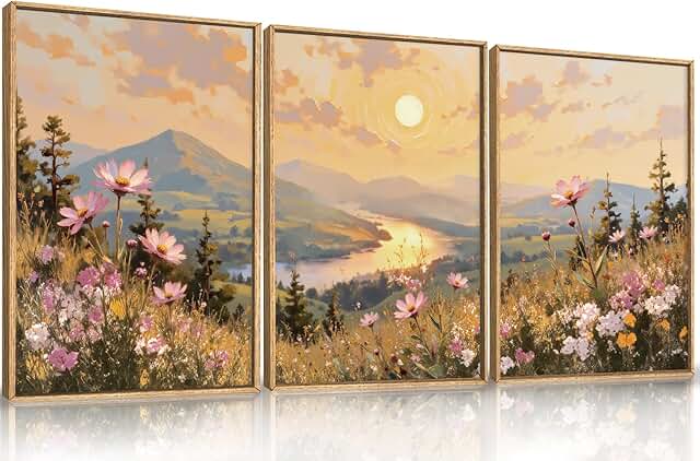 LHIUEM Large Boho Sunset Wildflower Framed Canvas Wall Art,Nature Pink F...