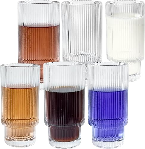 XKXKKE Juego de 6 vasos de bebida acanalados de 12 onzas, cristalería transparente vintage para café helado, vasos altos para cola de coocktail,