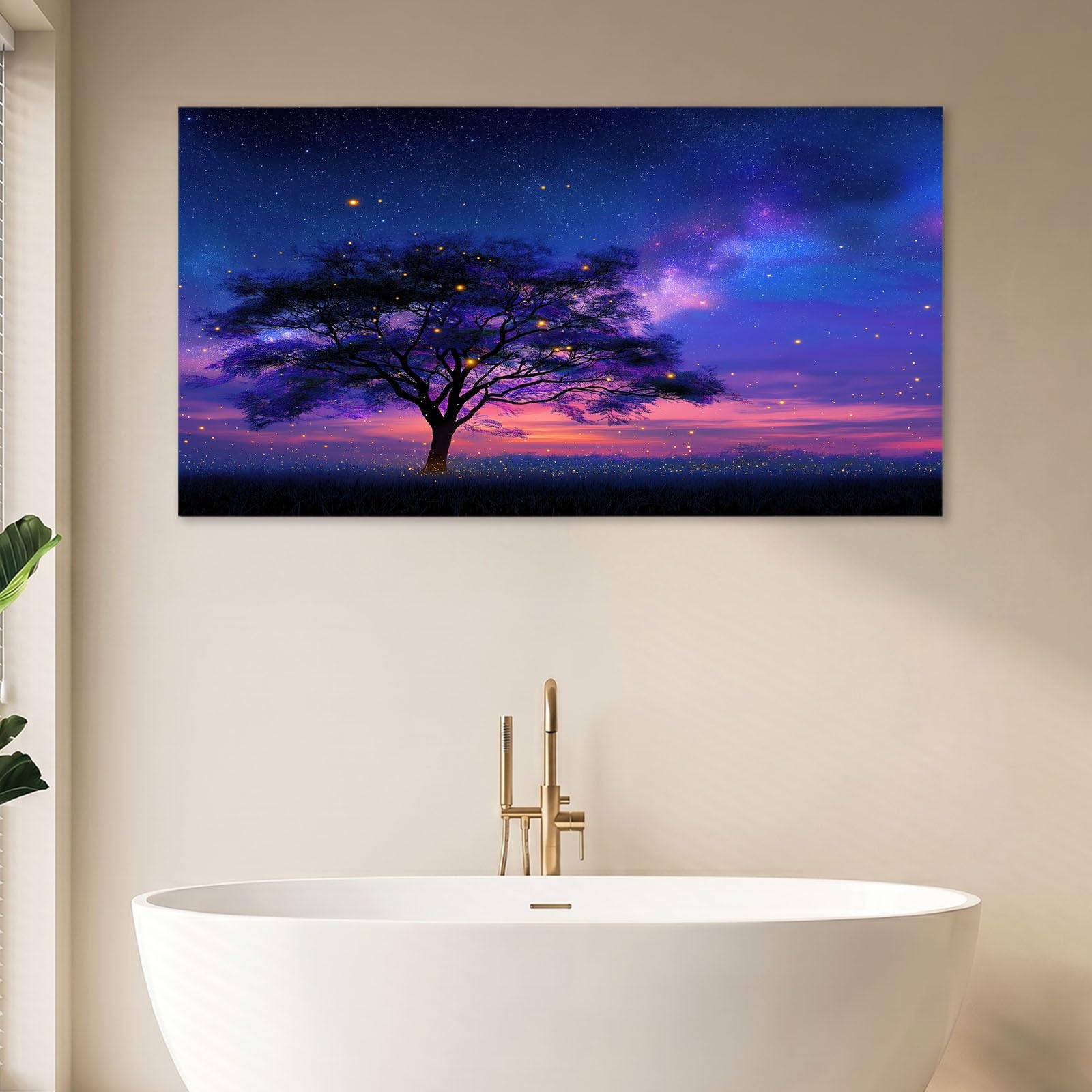 Obraz na płótnie z magiczną ramką gwiaździste niebo - obraz 120 x 80 cm niebieskie drzewa świetliki Droga Mleczna - Plakat Dekoracja ścienna do salonu, sypialni, łazienki i biura