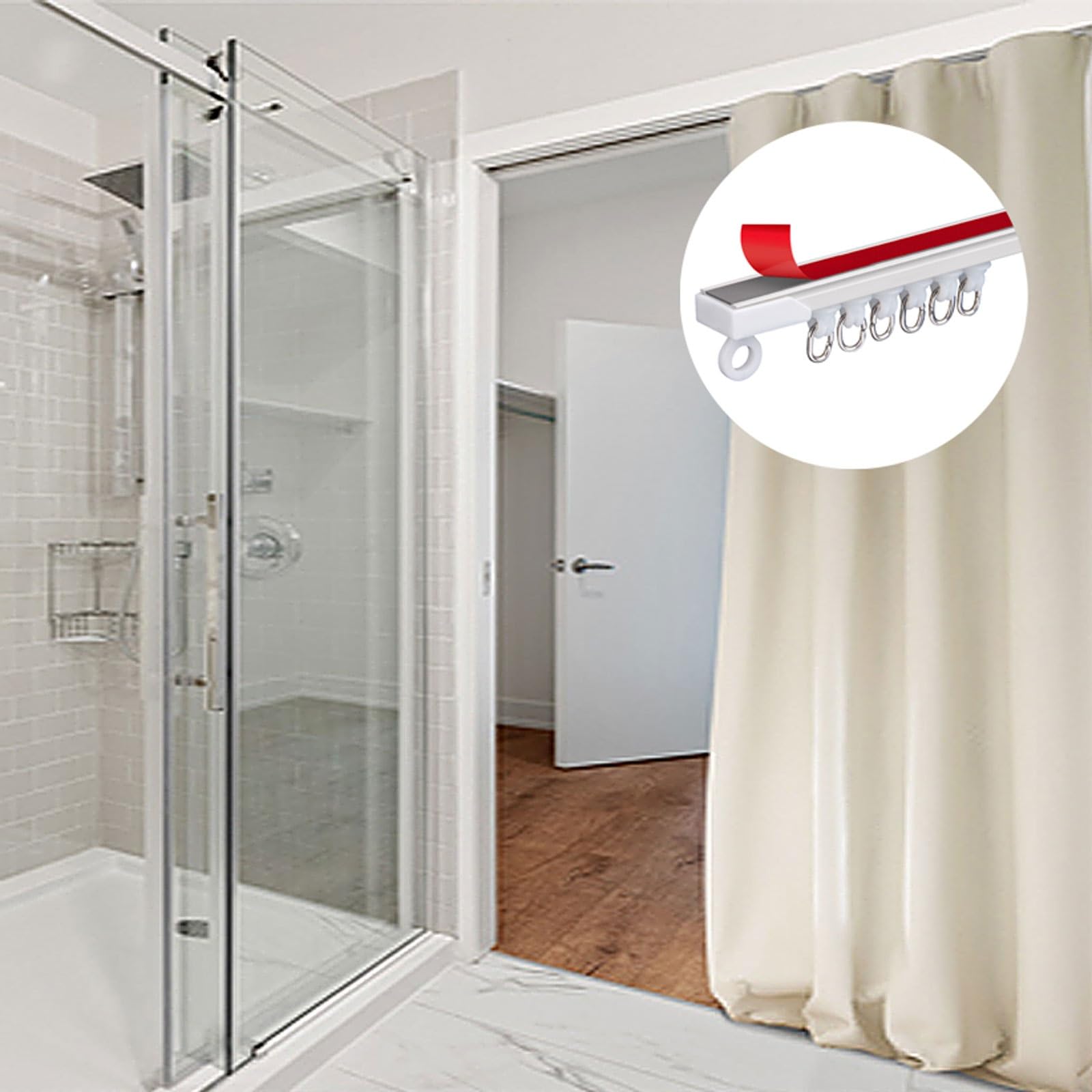 Tringle à rideaux adhésive ultra fine en aluminium pour installation sans perçage, tringle à rideaux montée au plafond pour salon (220 cm, 2 x 110 cm)