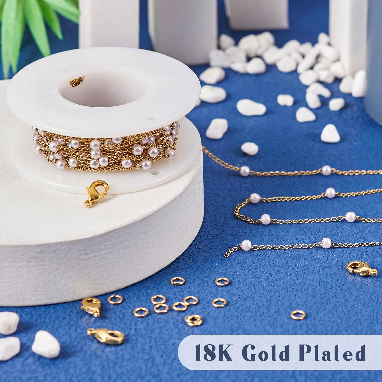 Pandahall 14K Gold Plated Stainless Steel Chains 16.4 Feet Pearl Beaded Necklace Chains for Jewelry Making & Golden Lobster Claw Clasps Open Jump Ring for Men Women DIY Jewelry Making Bracelet - Image 3