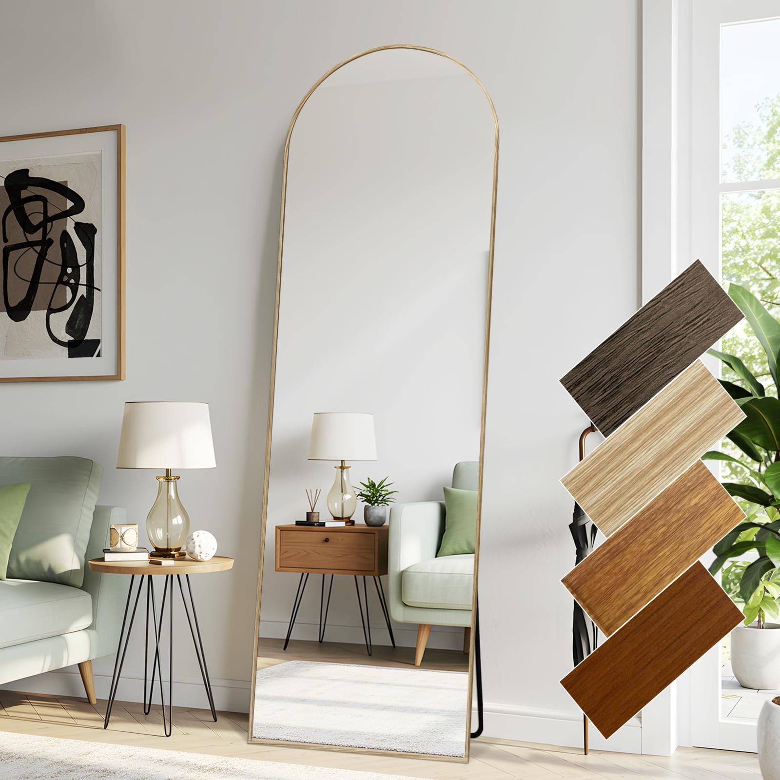 LunaMirror 52x161 CM Arched Full Length Mirrors Aluminium Frame in Classic Natural Wood Look Free Standing Tempered Glass Floor Mirror Full Body Wall Mountable for Bedroom, Living Room, Hallway โ image 1