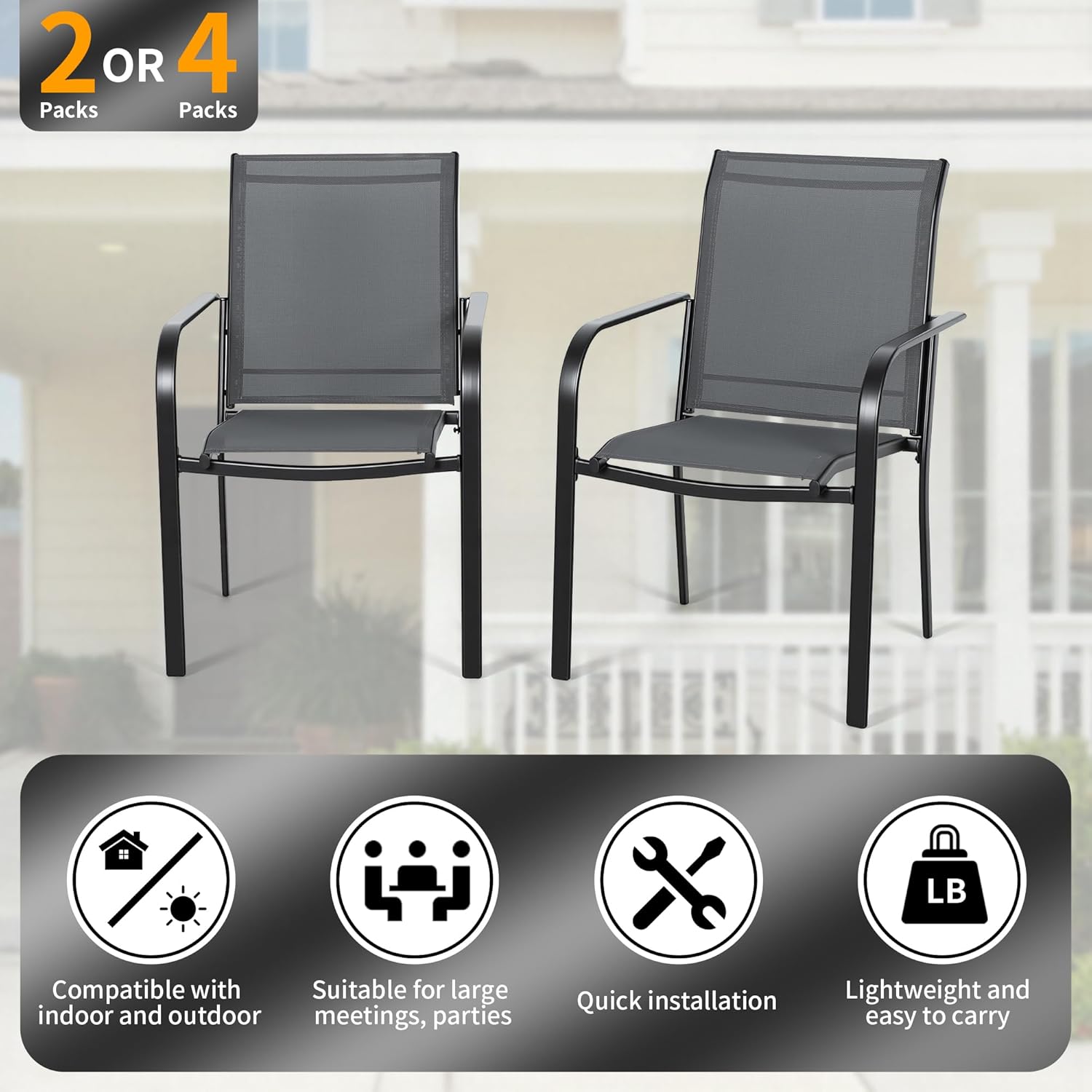 Incbruce Patio Chairs Set of 4, Textilene Fabric, Outdoor Dining Chairs Made of Steel Materials for Garden, Backyard, Lawn（Grey）