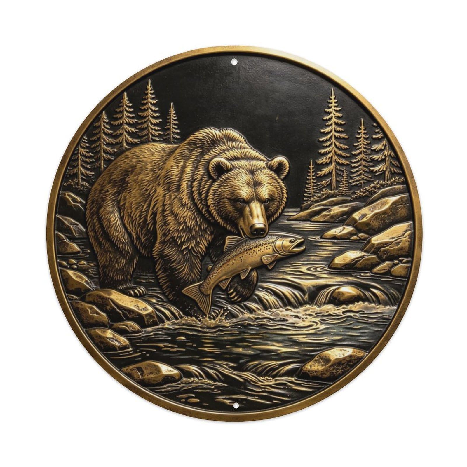 Grizzly Bear Catching Metal Tin Sign Plaque