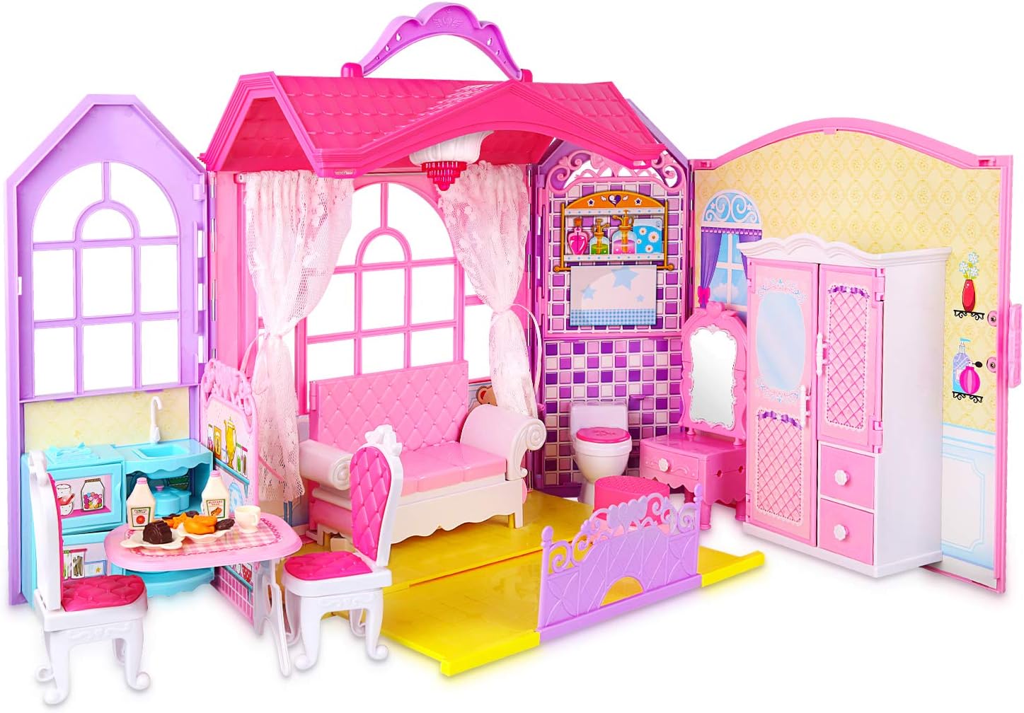 AOKESI Doll House Folding Dollhouse with Furniture, Including 70+ Accessories to Create up to 8 Scenes, Portable Doll's House Playset with Latch & Carrying Handle