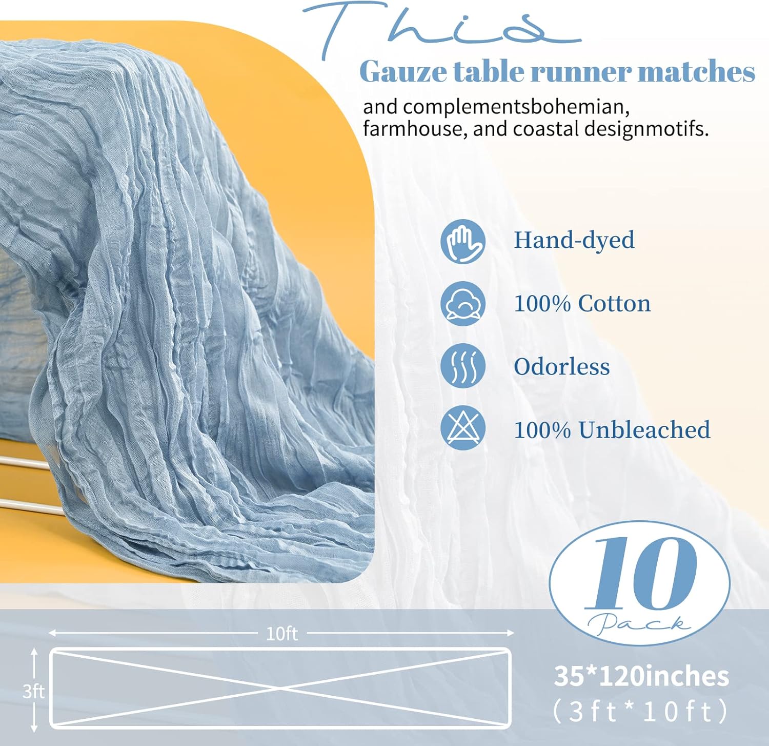 10 Pack Dusty Blue Cheesecloth Table Runner, 10FT Long Semi-Sheer Boho Rustic Guzae Table Runner for Wedding , Party ,Bridal Shower Decor(35×120 Inch)