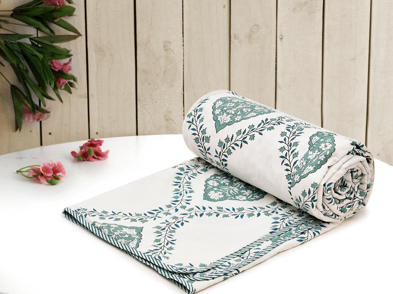 COZY FURNISH 100% Cotton 3 Layer Reversible Double Bed Dohar | Jaipuri Print Soft Lightweight AC Blanket | Summer & Winter Comforter Quilt | Flannel Inner Layer | 84×96 Inches|Pack of 1