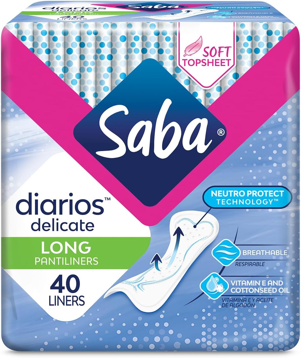 SABA Diarios Long Delicate Pantiliners, Unscented, Breathable & Comfortable for Everyday Freshness, 10-Pack of 40 Pads (400 Count)
