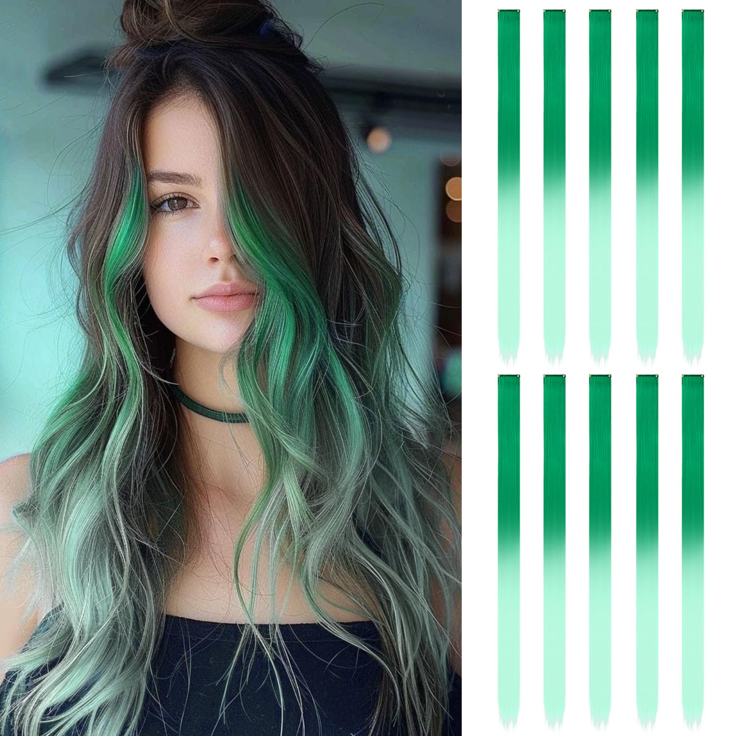 10 Pcs Hair Extensions, Green-light green gradien, 55 cm