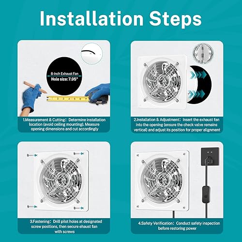 Miniatura 7 de HG Power Extractor de cocina de 8 pulgadas con interruptor montado en la pared 576CFM, ventilador de ventilación para ático, invernadero, sótano,