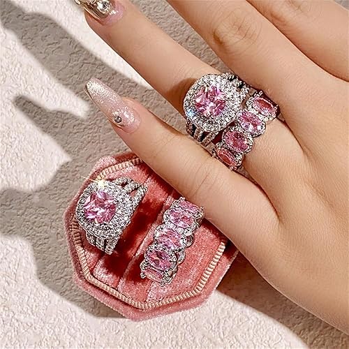 925 Sterling Silver Shiny Full Diamond Gemstone Ring 2Pcs 18K Gold Pink Cubic Zirconia Promise Rings CZ Bride Diamond Multi Row Ring Eternity Engagement Wedding Party Band Ring Sets A.18 (US Code 6)