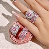 925 Sterling Silver Shiny Full Diamond Gemstone Ring 2Pcs 18K Gold Pink Cubic Zirconia Promise Rings CZ Bride Diamond Multi Row Ring Eternity Engagement Wedding Party Band Ring Sets A.18 (US Code 7)