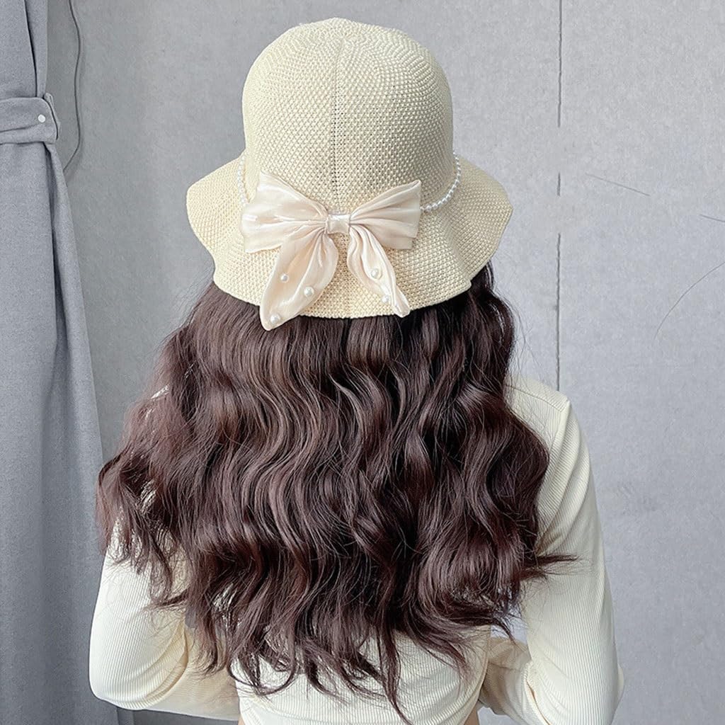 EERINESS Wig With Bangs Hat Wig Women's Wig Cap, Long Curly Wig Cap, Wavy Fashion Wig Cap, Suitable For Daily Theme Parties, Concerts, Dates Hat with Hair Attached for Women (Color : 02)