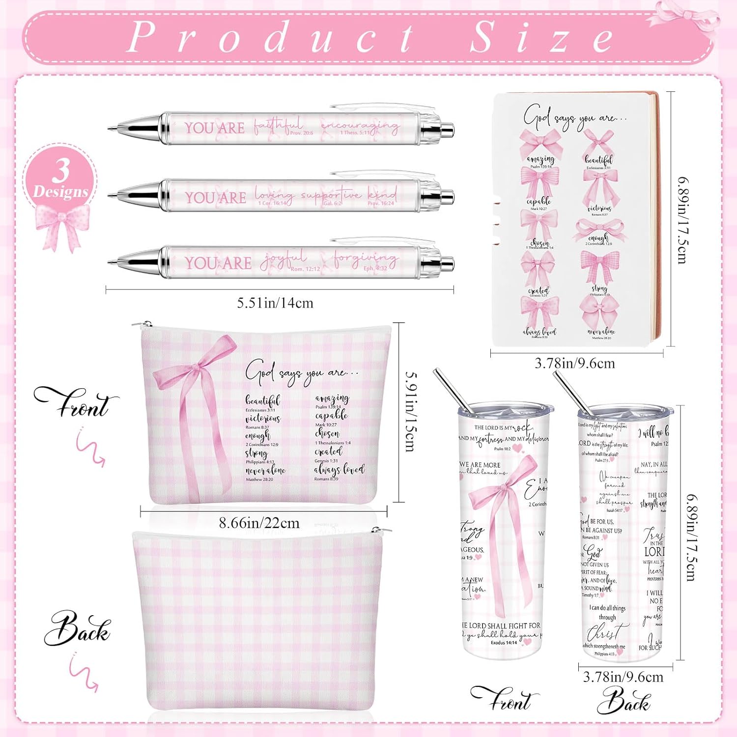 Patelai 6 Pcs Pink Bow Christian Gift for Women Coquette Makeup Bag Christian Tumbler Bible Coquette Gifts for Girls Religious Pink Bow Notebook Ballpoint Pen for Daughter Sister Church School - Image 2