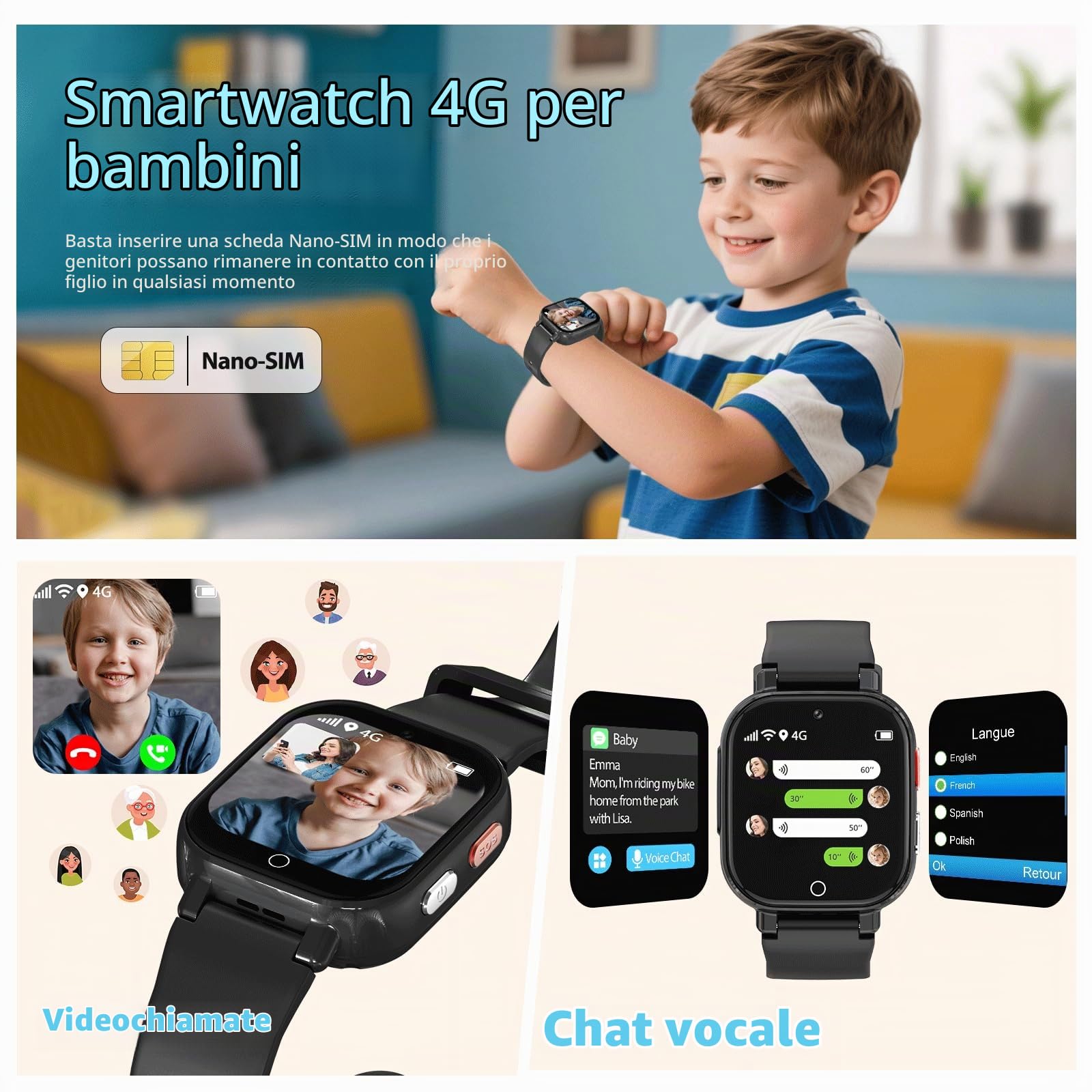 Smartwatch Bambini-Orologio Bambino con con GPS 4G Telefono SOS gioco | Videochiamata Chat Vocale Contapassi Sveglia-Smart watch per Ragazzo e Ragazzi 4-12 Anni Regalo Nero