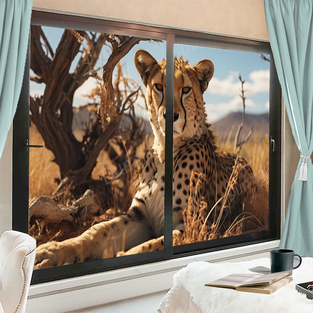 Autumn Cheetah Window Film Privacy Rustic Grass Leopard Animal Decorative Stained Static Cling Window Sticker for Home, 70x120 cm x 2 Pcs