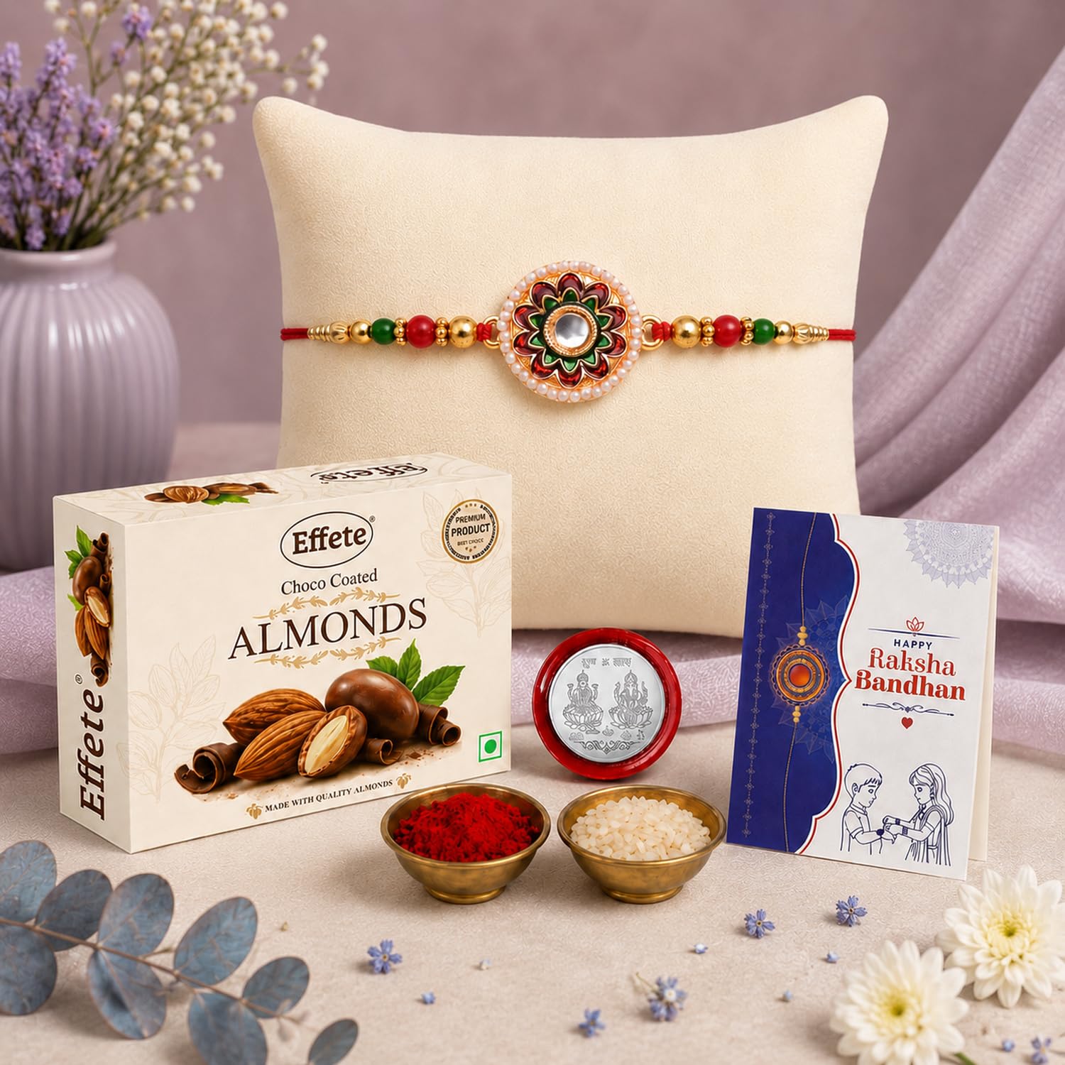 DeoDap Designer Round with Pearl Work Rakhi for Brother, Choco Coated Almonds Chocolate 32gm, Pooja Coin, Roli Chawal & Card | Rakhi with Chocolate Combo for Raksha Bandhan