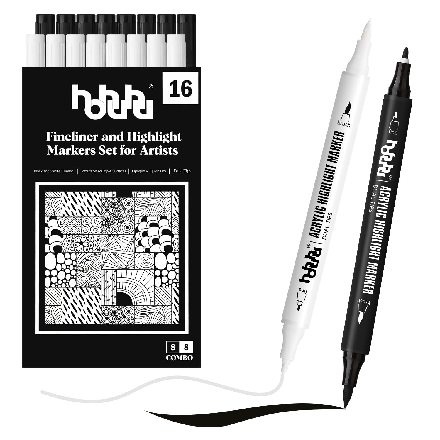 hhhouu Pennarelli Acrilici Bianco e Nero – Set da 16 Pennarelli a Doppia Punta – Per Pietra, Legno, Tela, Vetro, Carta, Pelle, Ceramica, DIY e Disegno HO-D16