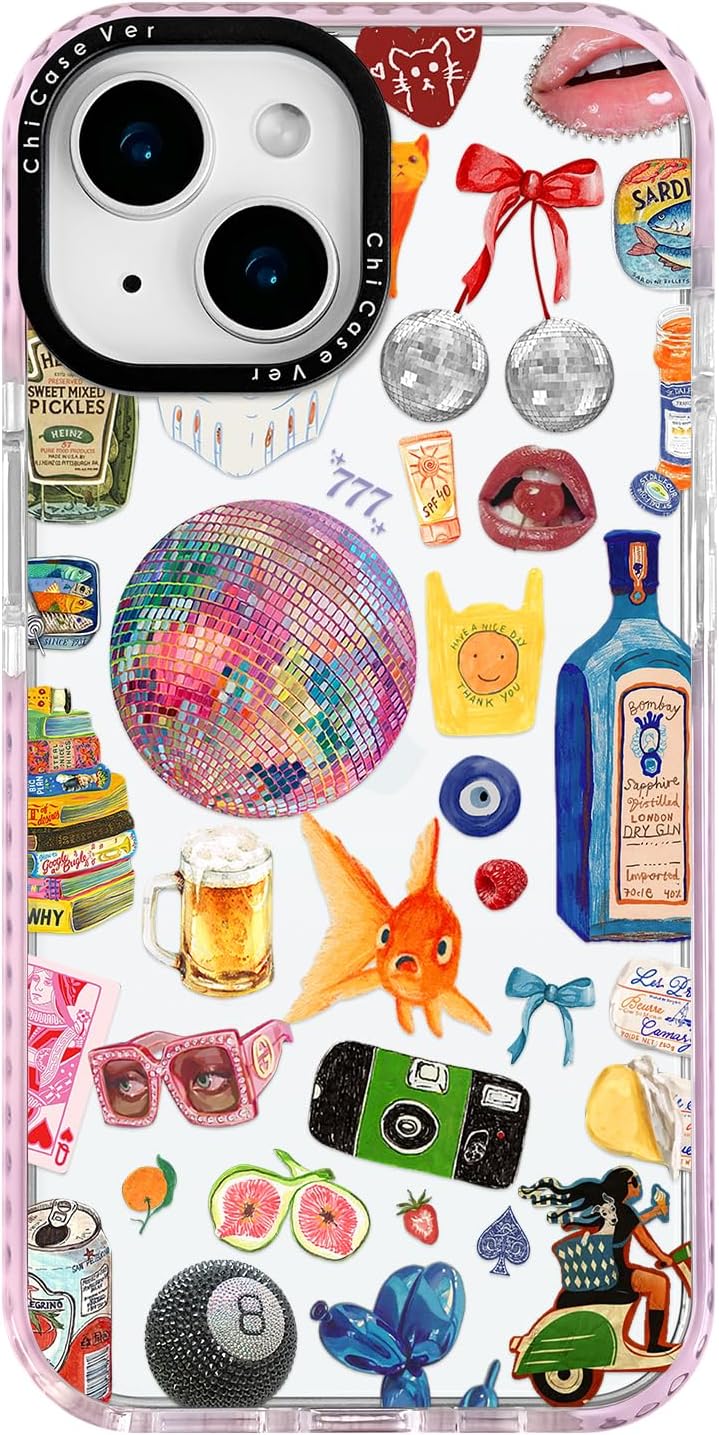 for iPhone 15 Case, Retro Party Collage Pattern with Disco & Gin, Military-Grade Drop Protection, Pop Art Disco Soft Slim TPU Protective Cover with Camera Protection for Girls