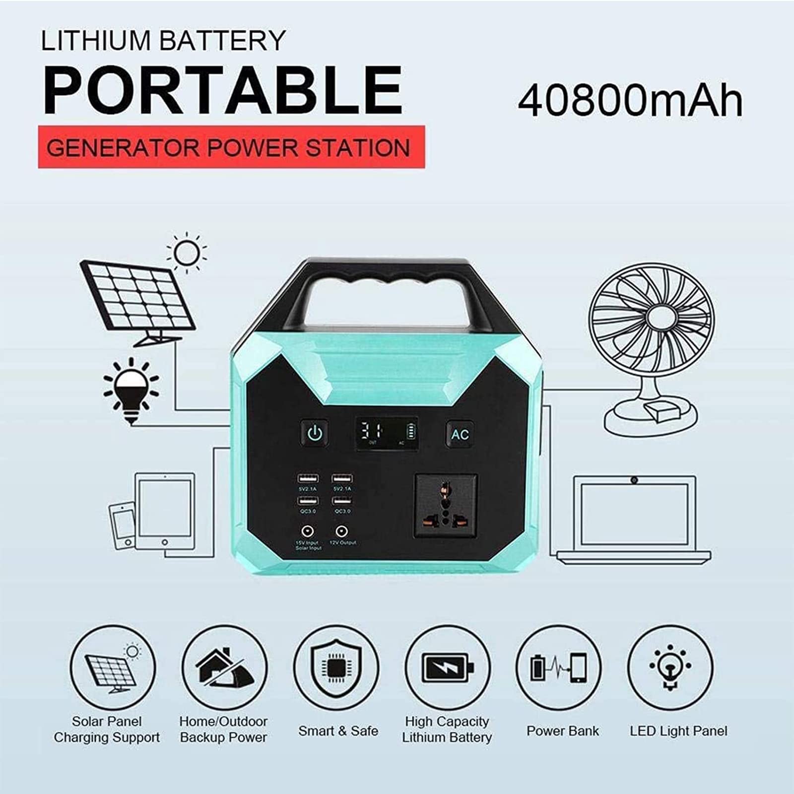 Centrale Elettrica Portatile, Alimentatore da Campeggio Esterno 40800Mah, Generatore Solare, Batteria di Backup di Emergenza per Viaggi E Campeggio,A