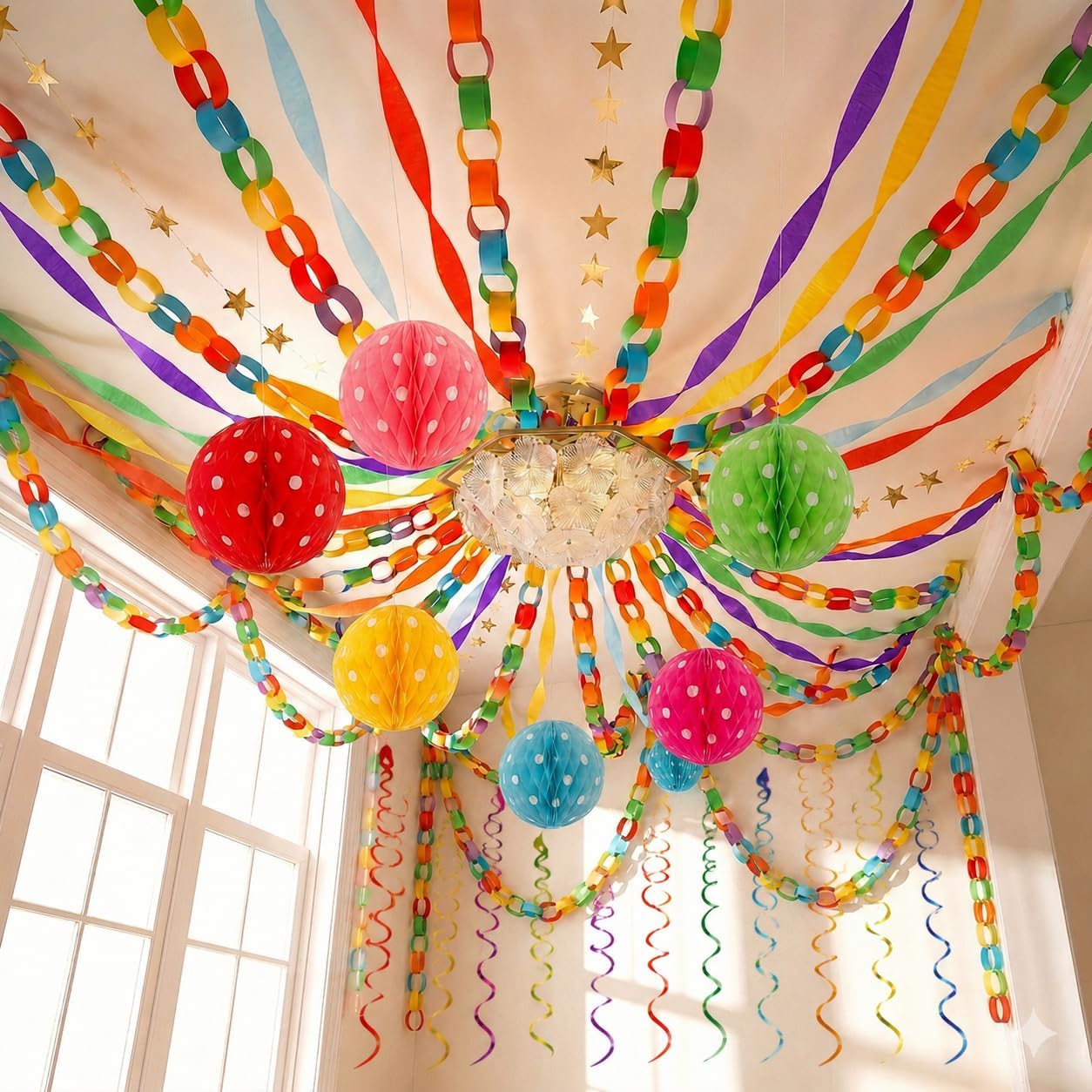 Rainbow Party Decorations 600 Sheets Paper Chains Strips 492 ft Crepe Paper Streamers 65.6ft Gold Star Garlands 6 Pcs Swirl Decorations Honeycomb Balls for Wedding Birthday Decorations DIY Crafts