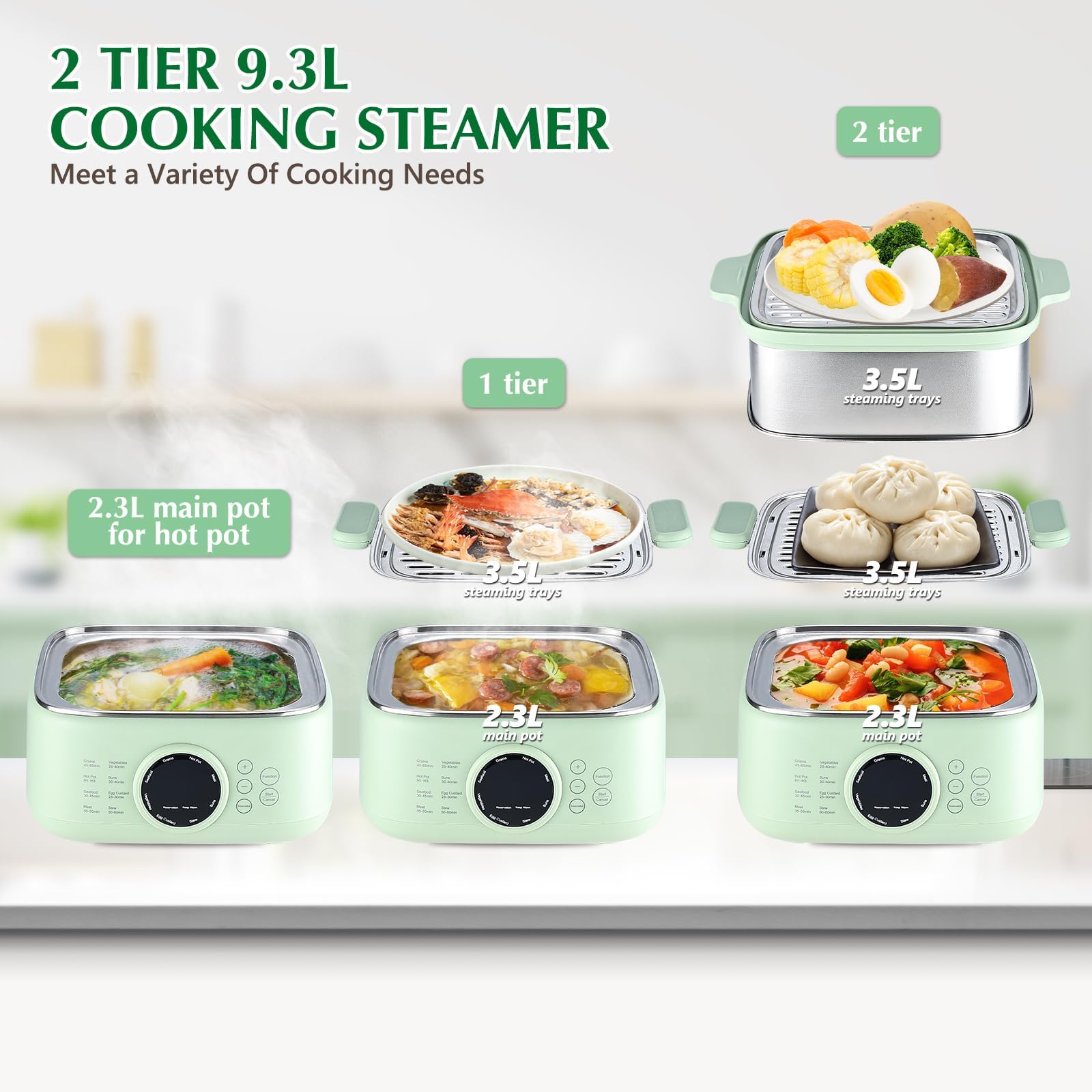 Skyehomo 9.3 Litre Electric Steamer with 2 Stainless Steel Damping Bowls, 1000 W Steamer with 24-Hour Timer, 8 Cooking Modes, Multifunctional Food Steamer, Boil Dry Protection, BPA Free