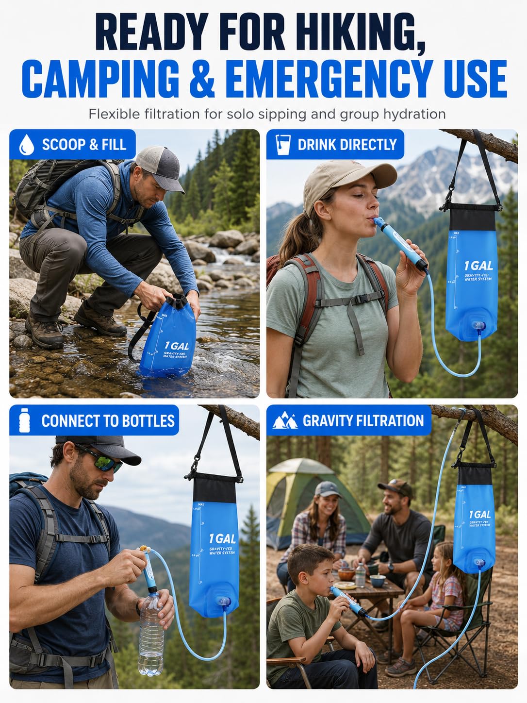 Gravity Water Filter System, TPU Water Purifier Bag, 0.01 Micron Ultrafiltration, 4000L Lifespan, BPA-Free Portable Water Filtration for Camping, Backpacking, Survival Gear (1 Gallon)