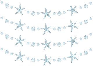 HOMEZZO 4 PCS Blue Starfish and Seashell Banner, Ocean Coastal Nautical Beach Party Decor, Under The Sea Paper Garland for TSITP Summer Birthday Wedding Baby Shower