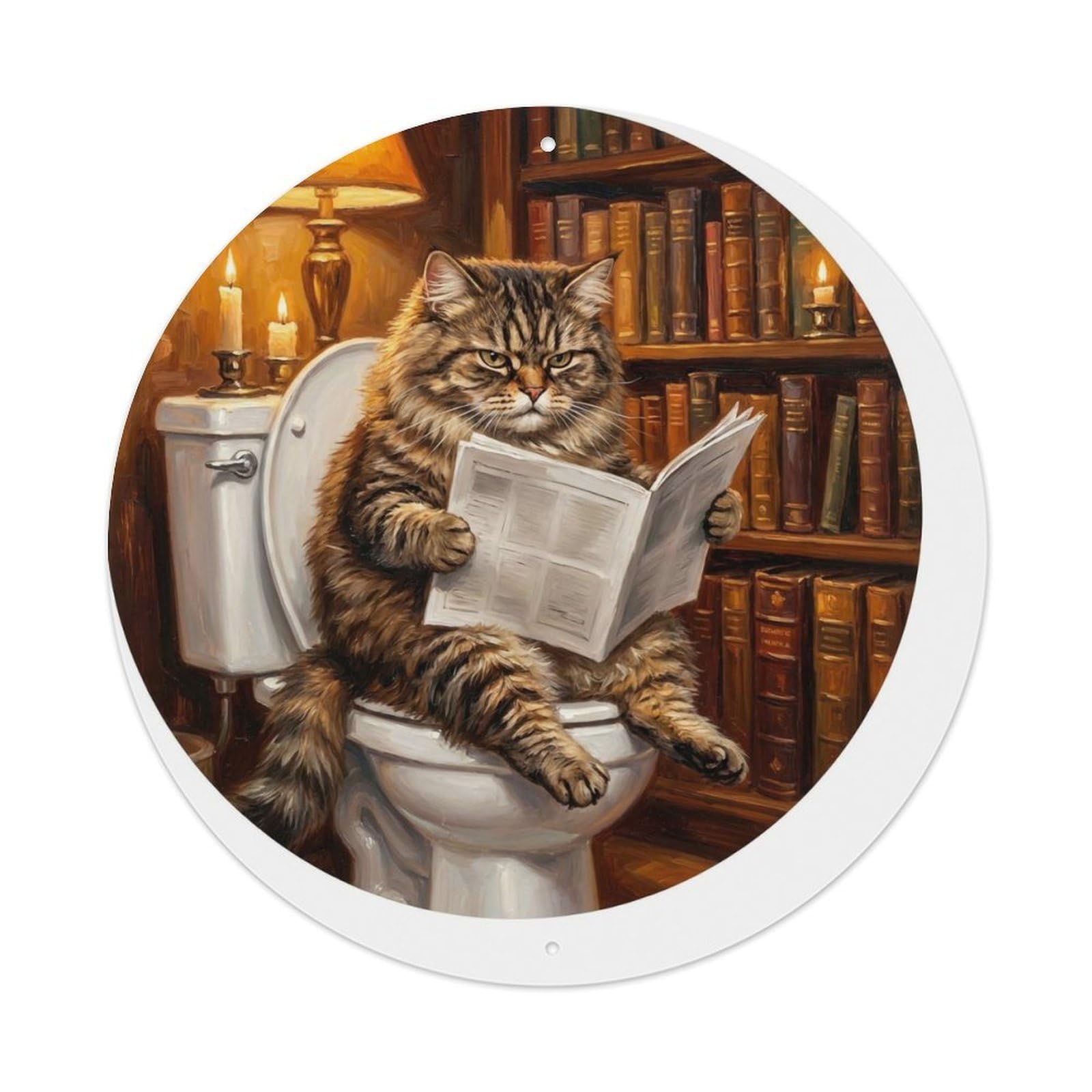 Cat On Toilet Humorous Bathroom Library Evening Glow 1 Metal Tin Sign