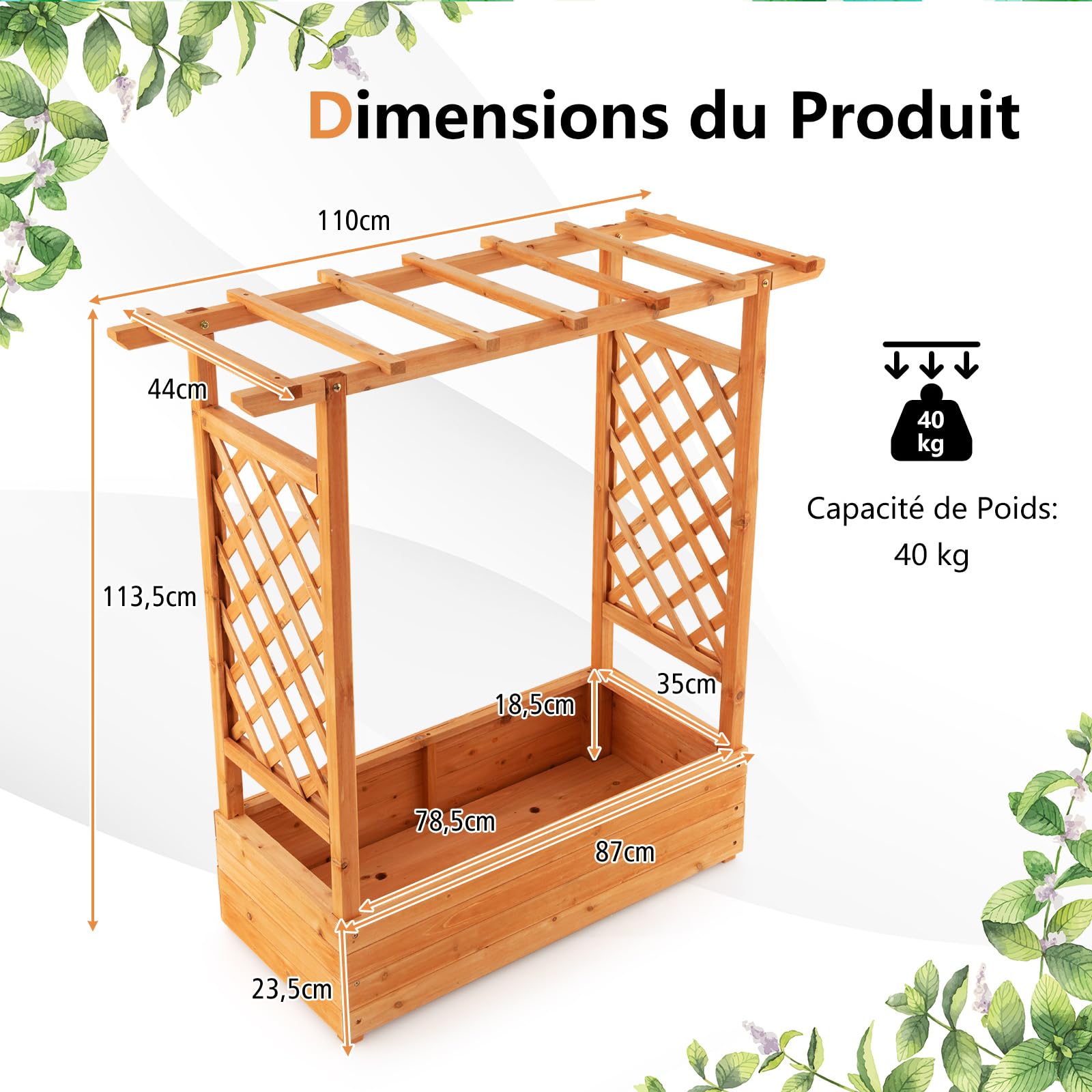 RELAX4LIFE Jardinière Surélevée avec Treillis Latéral & Supérieur, Jardinière sur Pied avec Treillis&Trous de Drainage, Conteneur de Plantes Vertical pour Plantes Grimpantes Légumes Fleurs Herbes