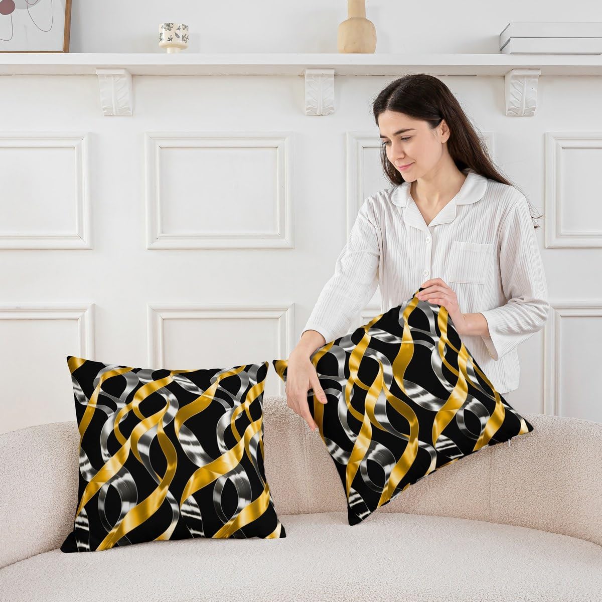 jejeloiu Geometric Stripe Lines Throw Pillow Covers Set of 2 Retro Decorative Pillowcase Black and Yellow Cushion Covers for Sofa Couch Bed Modern Art Cushion Case Home Decor 24 x 24-Inch
