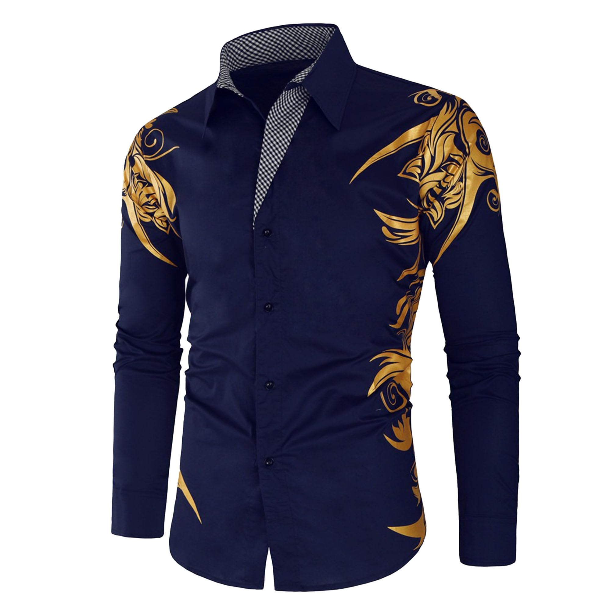 DGHM-JLMY Men's Totem Gold Printed Long Sleeve Shirt Hipster Slim Fit Button Up Party Dress Shirts Gold Shiny Stylish Shirt