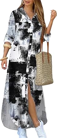 DIACACY Womens Casual Lapel Collar Floral Print Maxi Dresses Side Slit Long Sleeves Loose Slim Shirt Dresses